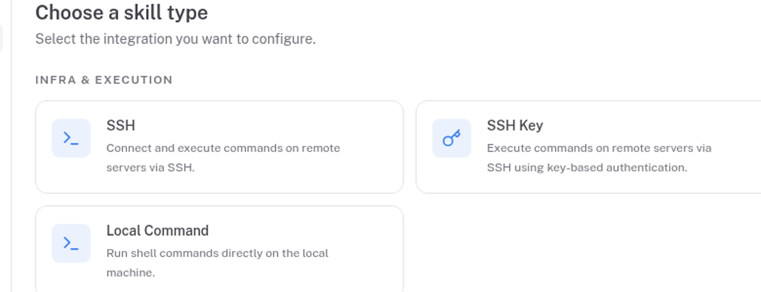 Karyam skill type selection screen showing infrastructure and execution options such as SSH and local command.